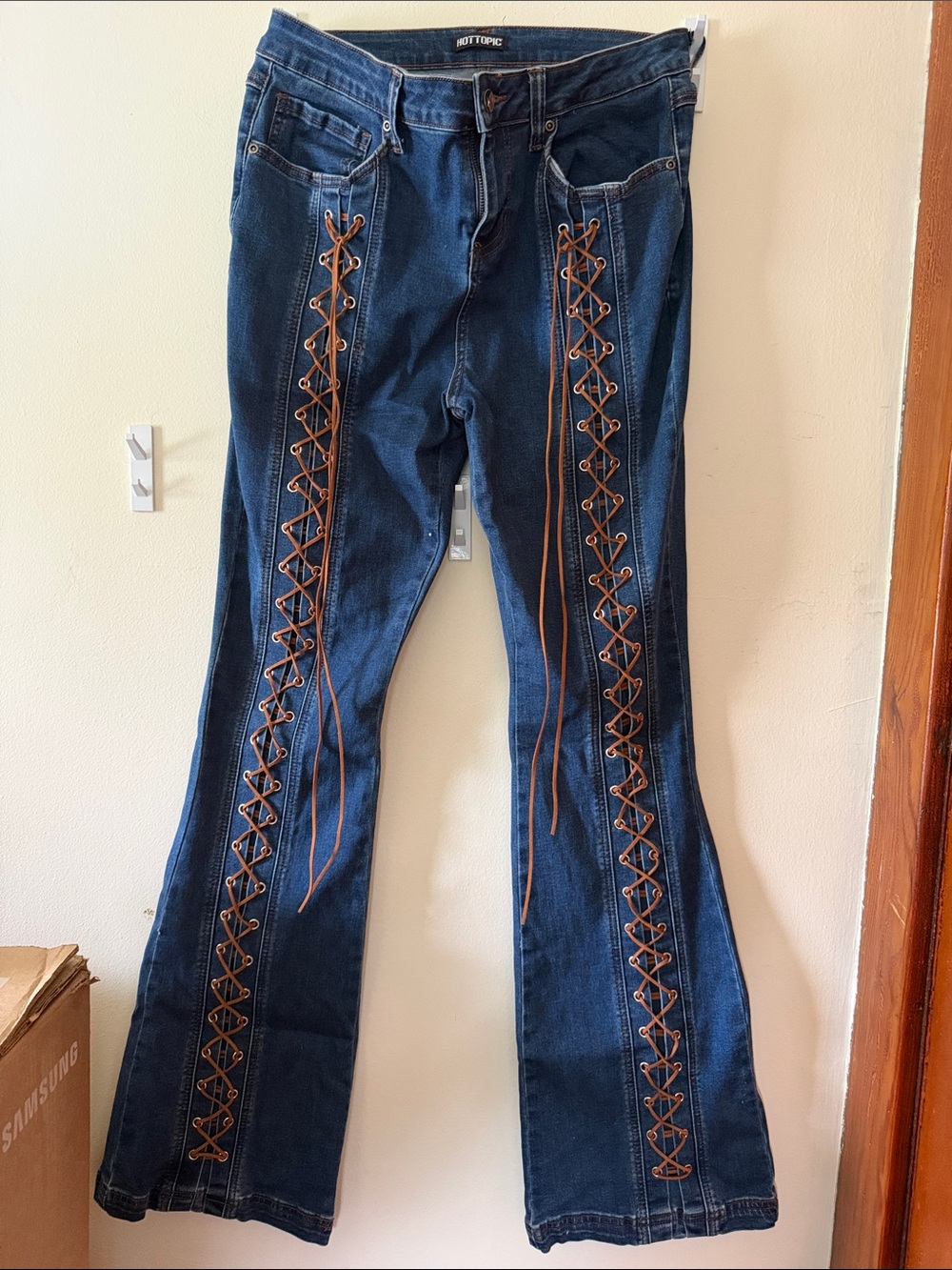 Hot Topic Dark Blue Flare Jeans with Brown Lace-Up Side Detail
